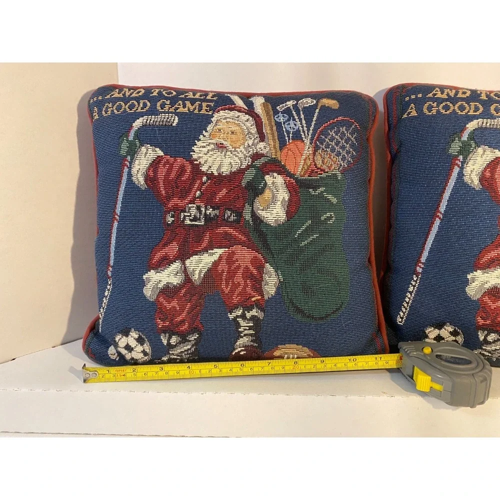 Tapestry Vintage Christmas Set of 2 Pillows 12 x 12 Santa Sports Holiday‎ Hockey